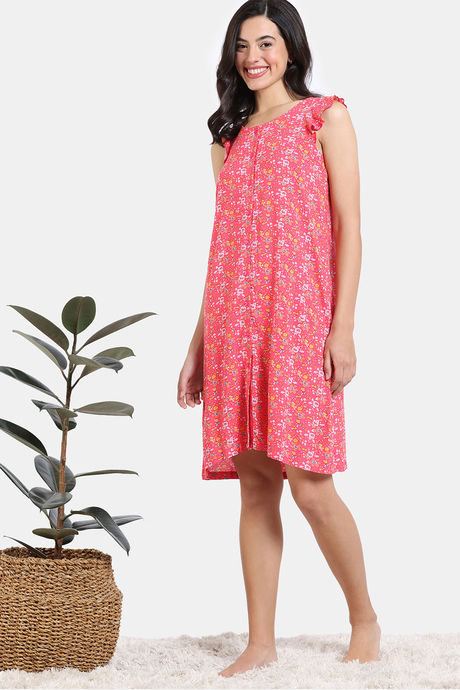 Zivame Floral Pop Woven Knee Length Nightdress - Coral Paradise — image 3